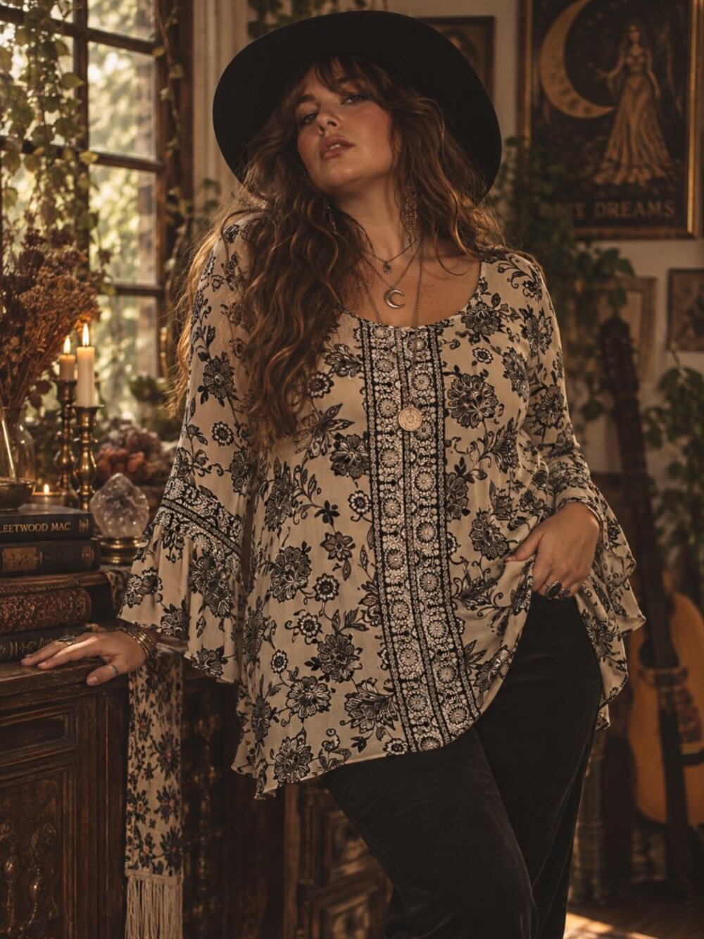 Susan Graver Boho Floral Bell Sleeve Tunic Top